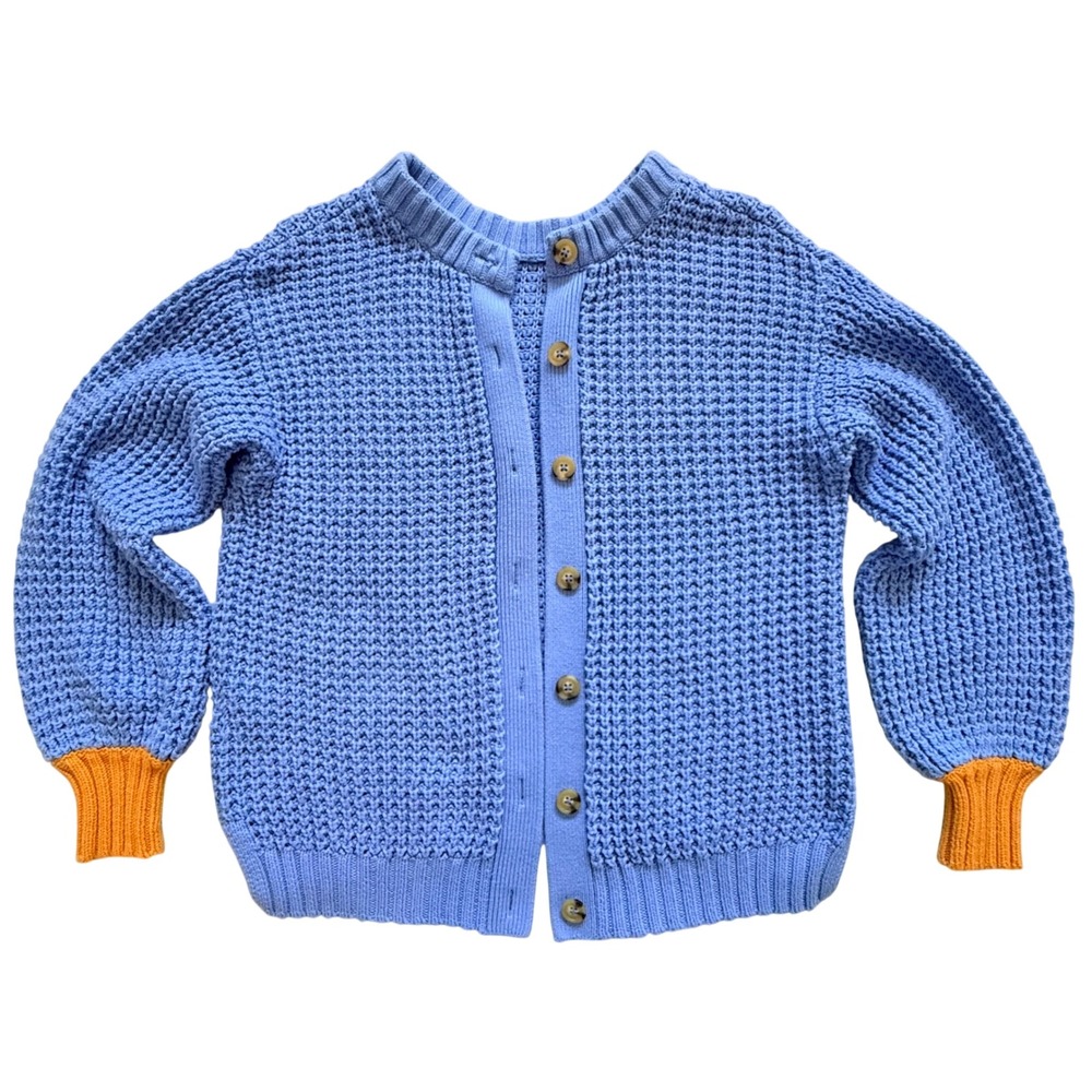 POPSUGAR Waffle Knit Cardigan Sweater Blue Mustard Yellow Cuffs Womens Medium - Picture 2 of 12